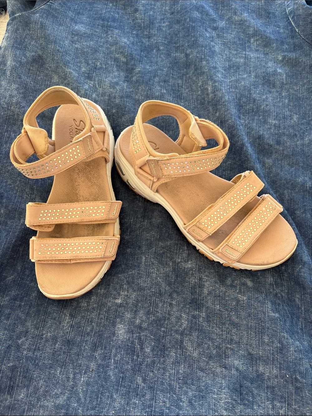 Skechers Beige Triple-Strap Sandals with Stud Accents